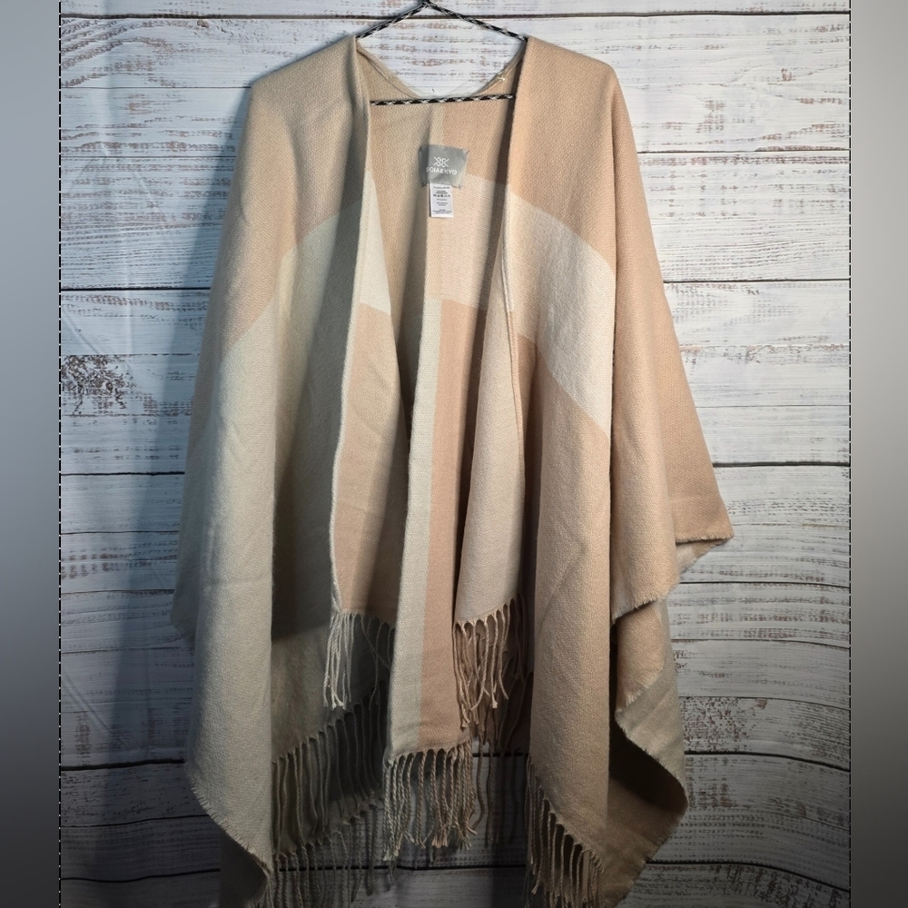 SOIA & KYO Scarfigan Cardigan Sweater Womens One Size OS Pink Beige Plaid Fringe - Picture 3 of 10